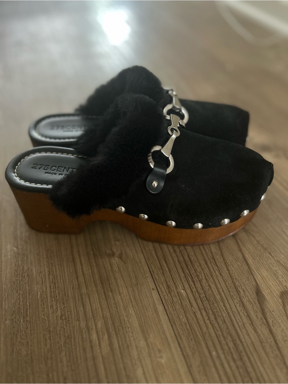 275 Central Faux-Fur Trim Black w brown Platform Clog Mule. Made in Italy Sz  39